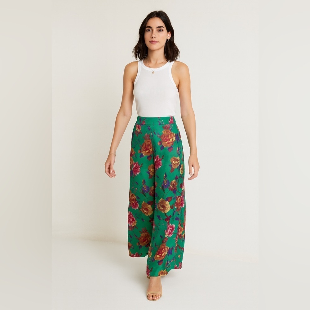 Zino Jordan Floral Satin Robe Wide-Leg Pants Green Multicolor Size 48 Resort